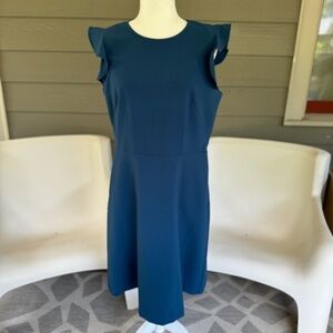 Ann Taylor LOFT - Deep Teal Ruffle Sleeved Dress w/ POCKETS! - Size 10 Petite